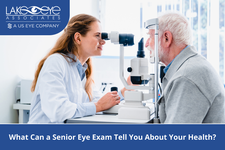 Optometrist conducting senior eye exam at Lake Eye Associates