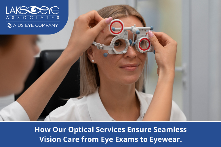 Patient receiving an eye exam at Lake Eye Associates, highlighting comprehensive optical services from exams to eyewear.