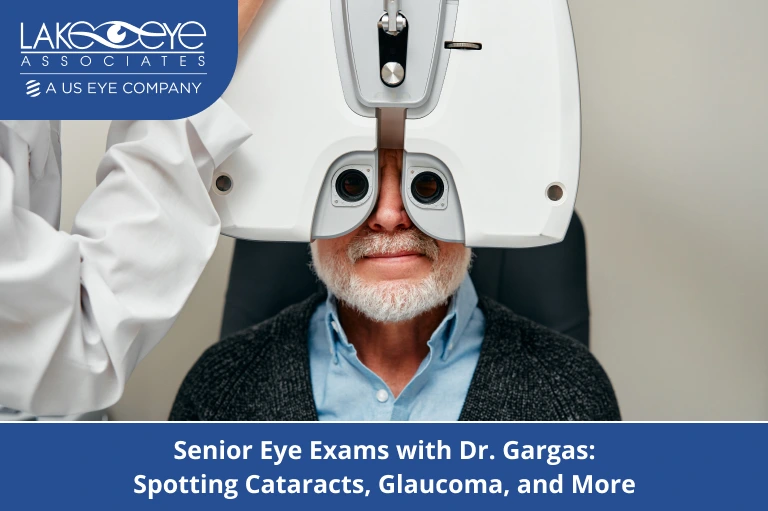Older man receiving eye exam with phoropter during senior vision checkup.
