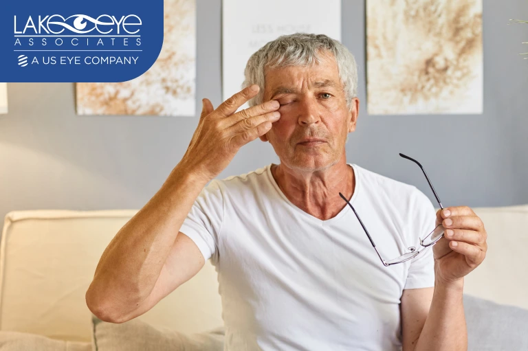 Man rubbing eye from cornea allergy damage