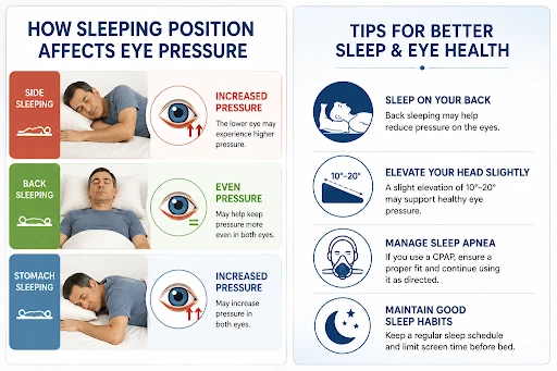 Infographic on how sleeping positions affect glaucoma and eye pressure.