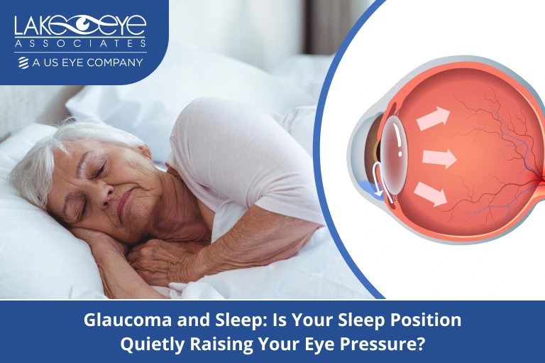 Elderly woman sleeping beside a large eye anatomy diagram with arrows indicating eye pressure and glaucoma headline nearby.