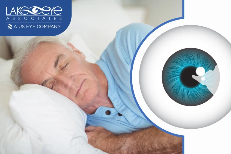 Man sleeping in bed next to a blue eye diagram about glaucoma.